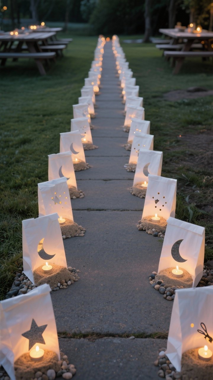 Straight-on walkway composition of a paper bag luminaria lane: 10–16 white paper lunch bags each weighted with a scoop of sand or small pebbles and illuminated by LED tea lights inside; some bags feature simple star and moon cut-out patterns made with a hole punch and craft scissors using stencils; rhythmic glow guiding toward the picnic area, soft shadows and clean lines.