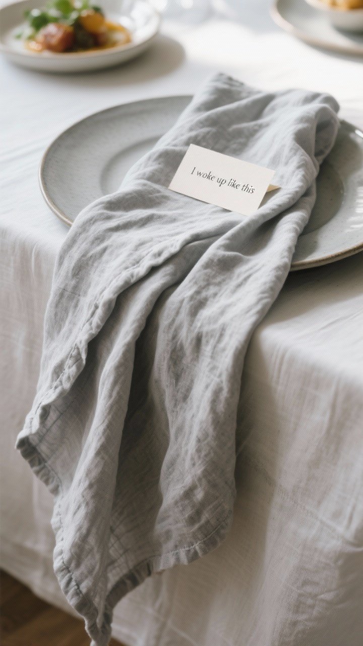 Straight-on, wide composition of a Waterfall Drape napkin in stonewashed linen (soft gray), cascading fluidly over a charger plate; relaxed folds flowing toward the table edge; optional minimal place card resting at the top; airy, natural light for an effortless “I woke up like this” mood.