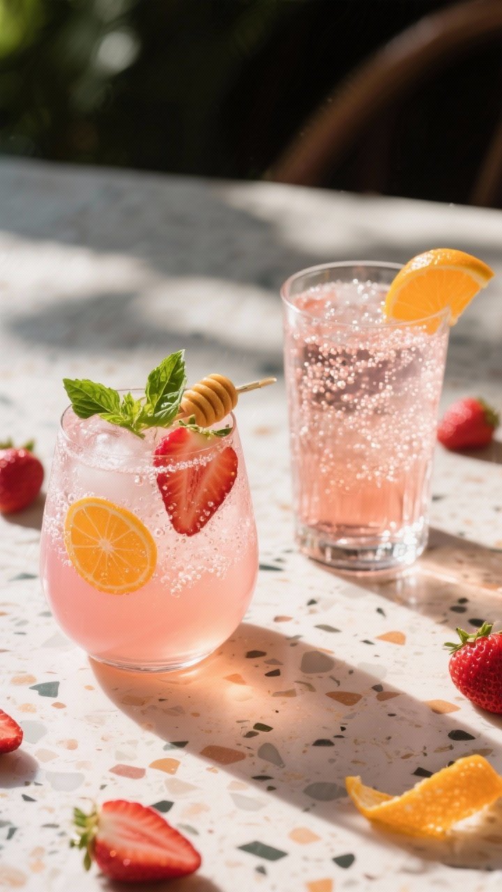 Sunlit 45-degree drink duo: Strawberry Rosé Spritzers in stemless wine glasses with ice—pale pink rosé topped with sparkling water, slices of strawberries, orange wheels, and fresh basil leaves; subtle honey/simple syrup condensation beads on glass; beside it, a matching sparkling mocktail version without wine in a highball; set on a terrazzo tabletop with scattered strawberry slices and a twist of orange peel.