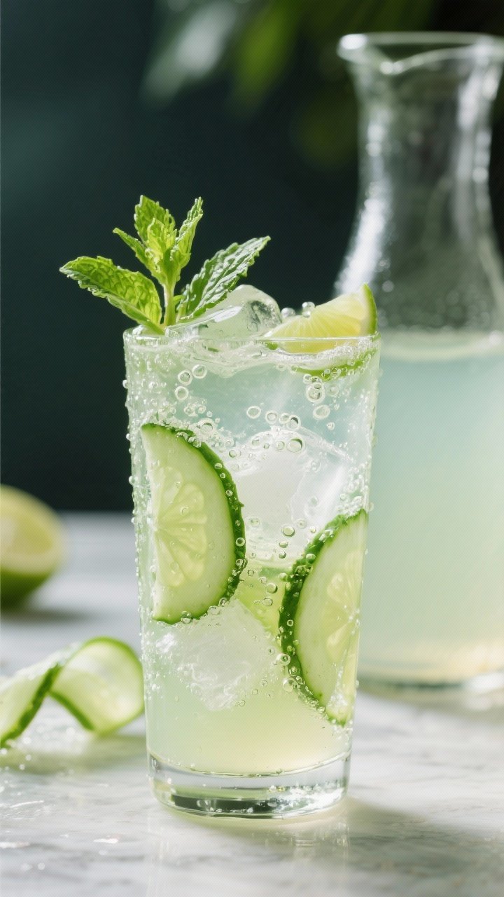 Tall, straight-on glass of sparkling cucumber-mint cooler: pale green drink with muddled cucumber and fresh mint, lime juice, and honey, topped with lively bubbles from chilled sparkling water; condensation beads on glass, ice cubes, cucumber ribbons and mint sprig garnish, a carafe of extra cooler in the background; crisp, refreshing mood.
