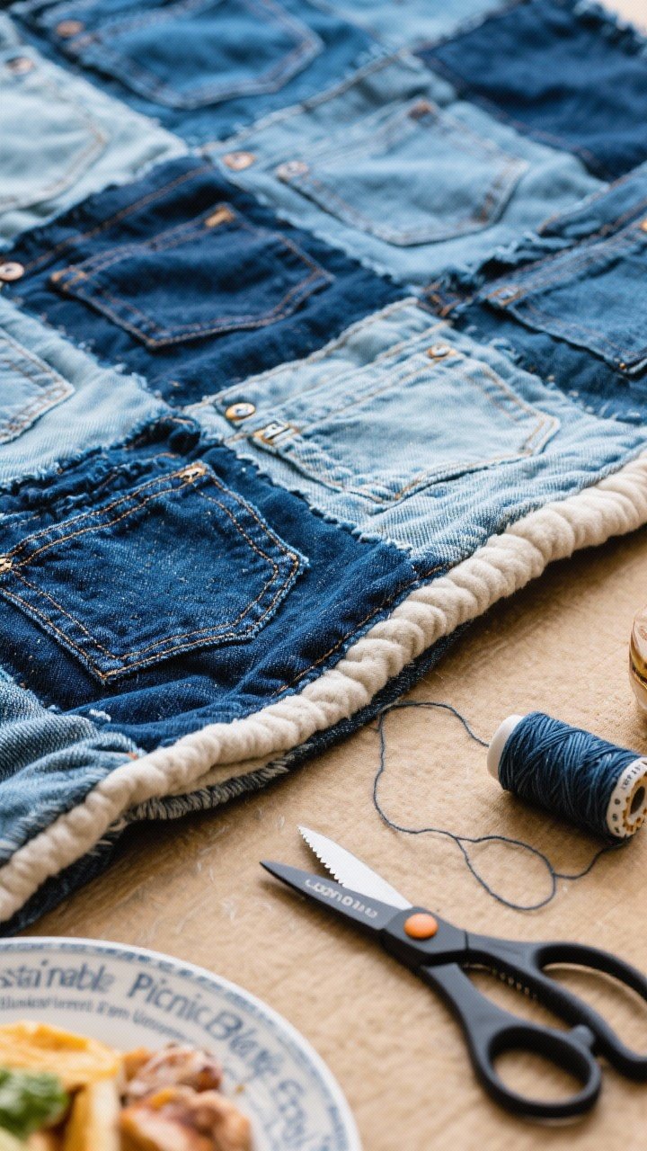 Textural close-up for “Sustainable Picnic Blanket From Upcycled Jeans”: 8–12 pairs of old jeans in various indigo shades cut into panels with visible pocket seams and rivet details; heavy cotton/flannel backing (60 x 70 inches) folded at the edge, optional quilt batting peeking; heavy-duty thread, rotary cutter and denim scissors placed alongside—upcycled, durable aesthetic.