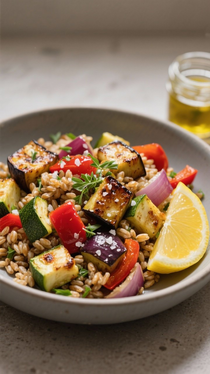 Three-quarter 45-degree angle of herbed farro salad with roasted veggies in a shallow, matte bowl: chewy farro grains tossed with oven-roasted eggplant cubes, red bell pepper, red onion, and zucchini half-moons; flecks of kosher salt, lemon vinaigrette sheen, and chopped fresh herbs; a lemon half and a small jar of vinaigrette off to the side; warm, roasty tones with subtle char on vegetables.