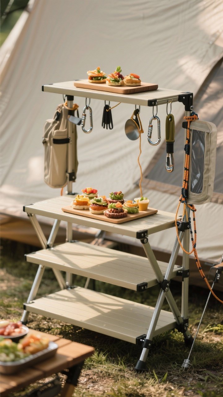 Three-quarter angle of a folding camp kitchen rack set for elevated serving: 2–3 shelves unfolded with a top surface mat/thin cutting board displaying arranged picnic bites, optional windshield side panels attached, carabiners hanging small tools, and bungee cords discreetly securing structure; balanced composition emphasizing vertical lines, soft directional light for depth.