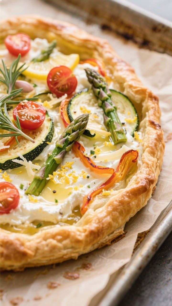 Three-quarter angle shot of a Farmer’s Market Veggie Tart just out of the oven: golden puff pastry topped with a ricotta-Parmesan mixture (egg-bound, with minced garlic, fresh thyme, lemon zest, salt, pepper), crowned with colorful seasonal veggies (think zucchini ribbons, cherry tomatoes, asparagus tips) arranged artfully; flaky layers and creamy cheese filling visible, light olive oil sheen, on a parchment-lined tray.