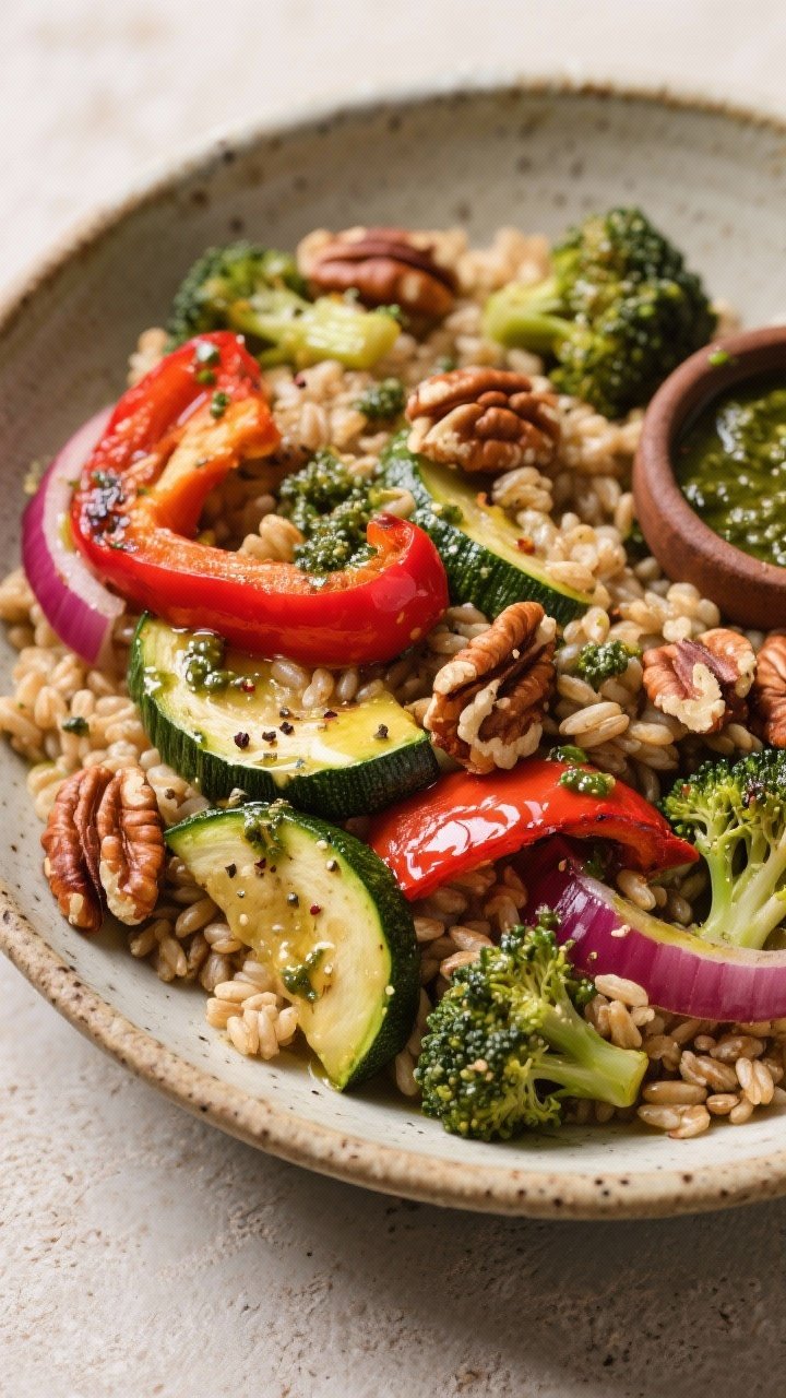 Three-quarter overhead shot of Forest Loop Farro bowl: nutty farro base topped with roasted red bell pepper, zucchini, red onion, and broccoli florets, drizzled with walnut pesto and a touch of olive oil, salt and pepper flecks visible; served warm in a stoneware bowl with a small dish of extra pesto and toasted walnut pieces, earthy tones and roasted caramelization highlighted.
