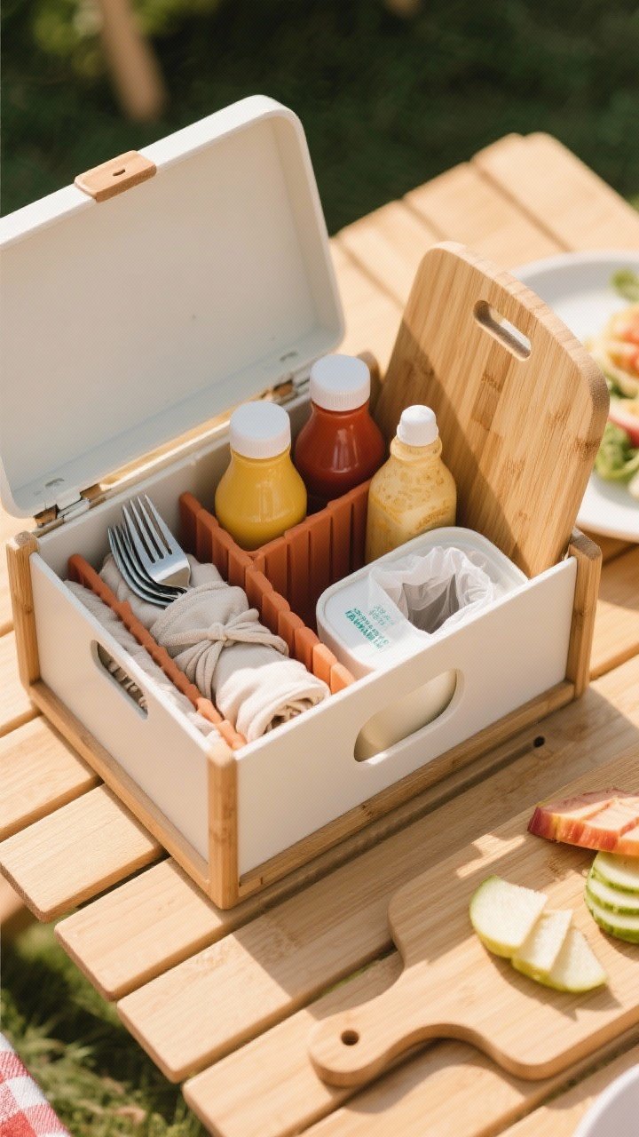 Top-down overhead of a modular picnic caddy arranged for service: caddy open with removable dividers organizing silicone condiment bottles (2–4), a flatware roll with cloth napkins, a small trash bag dispenser peeking from a slot, and sanitizing wipes; bamboo cutting board lid set beside with a few sliced items to imply use; clean, appetizing styling, natural wood tones and soft highlights.