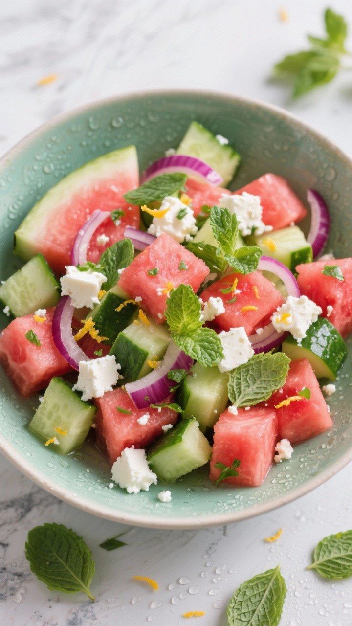 Vibrant overhead bowl of herbed feta watermelon salad: juicy watermelon cubes, diced English cucumber, whisper-thin red onion, crumbled feta, chopped mint, slivered basil, and flecks of citrus zest; condensation on the bowl, scattered mint leaves on the table; ultra-refreshing, high-key lighting that emphasizes color contrast and heat-defying freshness.
