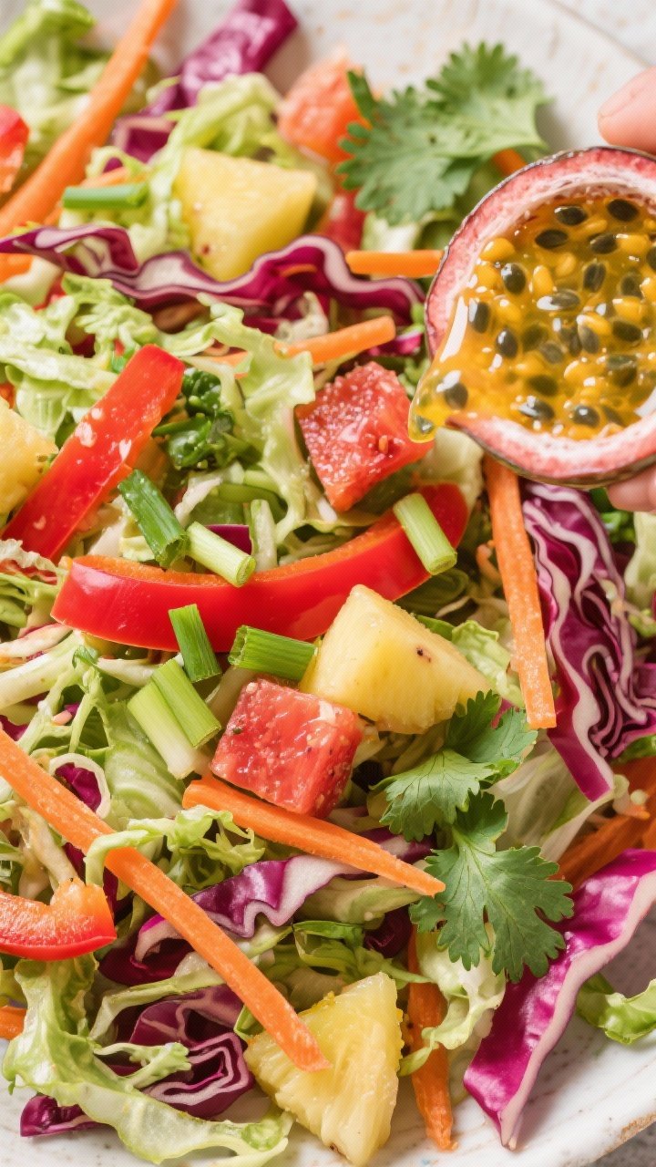 Vibrant overhead flat lay of tropical slaw: shredded green and red cabbage, grated carrot, thin red bell pepper, scallions, chopped fresh cilantro, and diced ripe tropical fruit (visible pieces) tossed lightly; a small jar of passion fruit vinaigrette mid-pour, seeds visible, creating glossy highlights on the crisp veg.