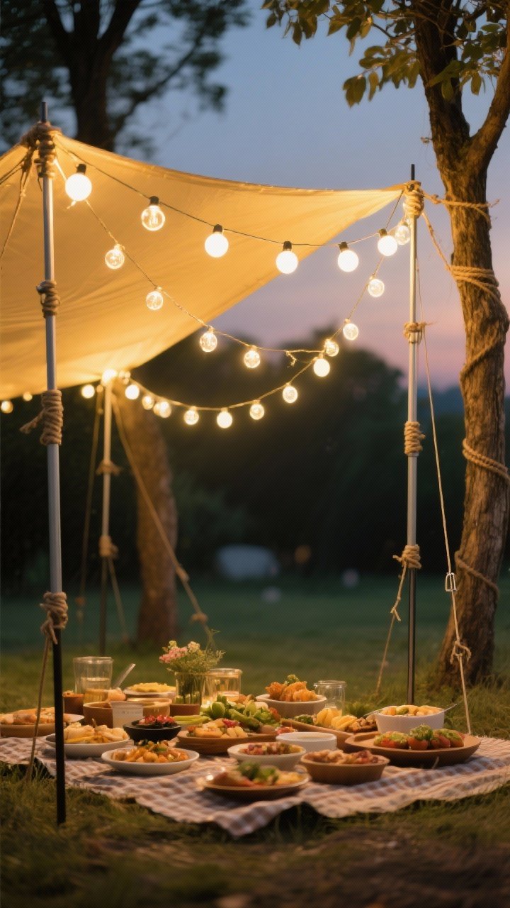 Wide 45-degree angle of a quick-setup string-light canopy: 2–3 strands of warm white globe/Edison-style string lights draped between two lightweight telescoping poles (or nearby trees) using paracord or sturdy twine; 4–6 ground stakes anchor lines; festive, even illumination over a picnic spread below (food softly out of focus), inviting golden tone against twilight.