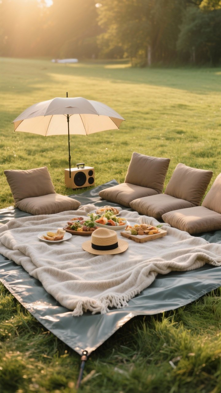 Wide 45-degree shot of a picnic setup on grass: 1–2 large machine-washable blankets layered over a waterproof tarp edge peeking out, 4–6 low-profile seat cushions in muted earth tones, a sun hat and a lightweight umbrella positioned for shade, and a small speaker turned low on a corner; soft golden-hour light, roomy composition that shows courteous spacing, textures of fabric and tarp emphasized.