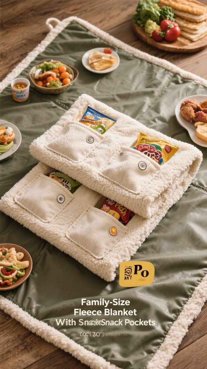 Wide overhead composition for “Family-Size Fleece Blanket With Snack Pockets”: two generous anti-pill fleece panels at 70 x 80 inches stacked with a waterproof back layer of the same size; scrap canvas/cotton cut into pocket rectangles, Velcro/snaps ready for closures, and a note of “Po” supplies implied by positioning; family-friendly, soft textures emphasized.