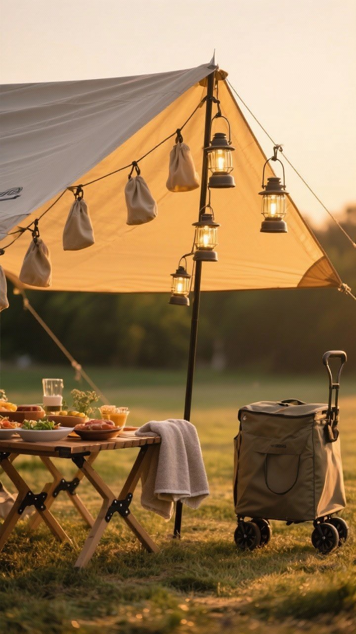 Wide straight-on hero scene of a pop-up canopy (6x6 or 8x8 feet) at golden hour: canopy pitched with 4 sandbags or stake/rope tie-downs taut, clip-on LED lanterns (2–4) attached to frame, storage bag with wheels leaning nearby, microfiber towel draped on a leg; warm ambient glow suggesting evening picnic ambiance, crisp lines and shadows.