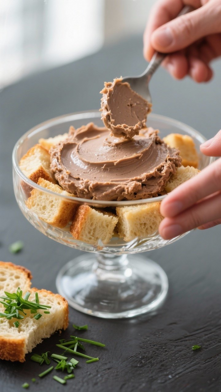 Assembly detail – Spreading the pâté: Macro shot of smooth chicken liver pâté being spread ove