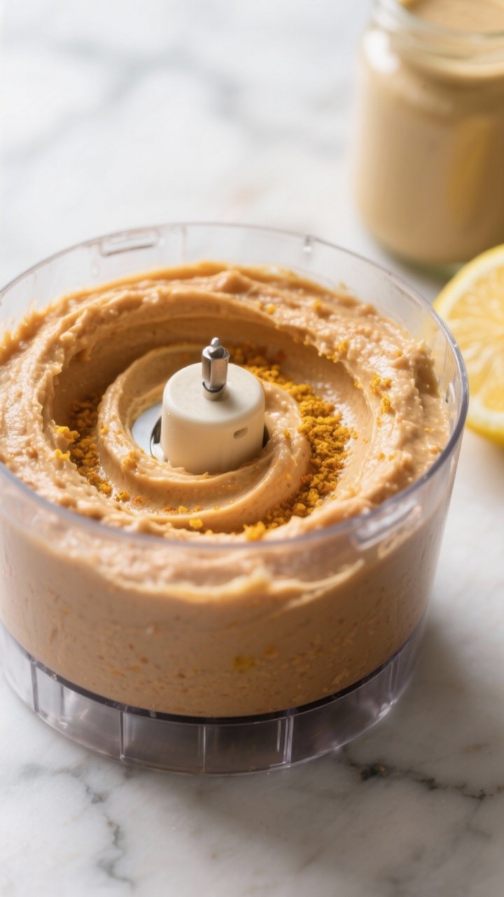 Blending stage close-up: Ultra-creamy red lentil hummus whirling in a food processor, captured mid-s