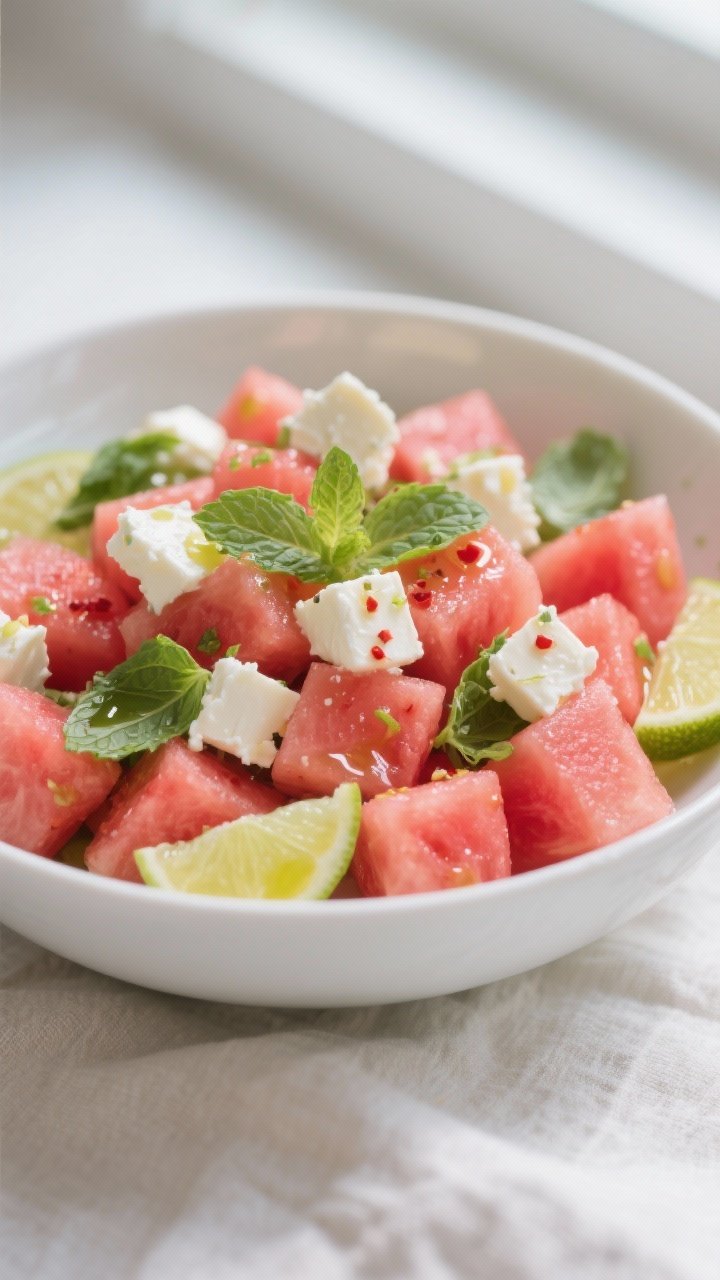 Close-up detail: A bowl of fully assembled watermelon salad with 1-inch chilled watermelon cubes gli