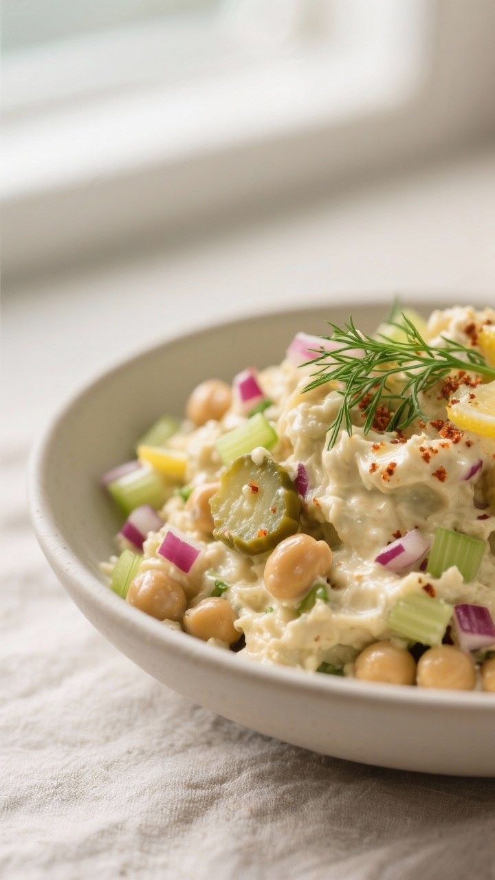 Close-up detail: A bowl of mashed chickpea salad just after combining—creamy, lightly chunky textu