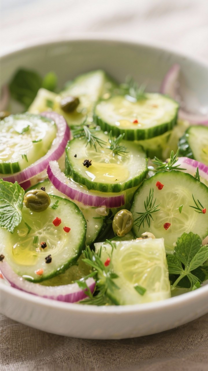 Close-up detail: A bowl of prepared cucumber salad after tossing, showing thin half-moon English cuc