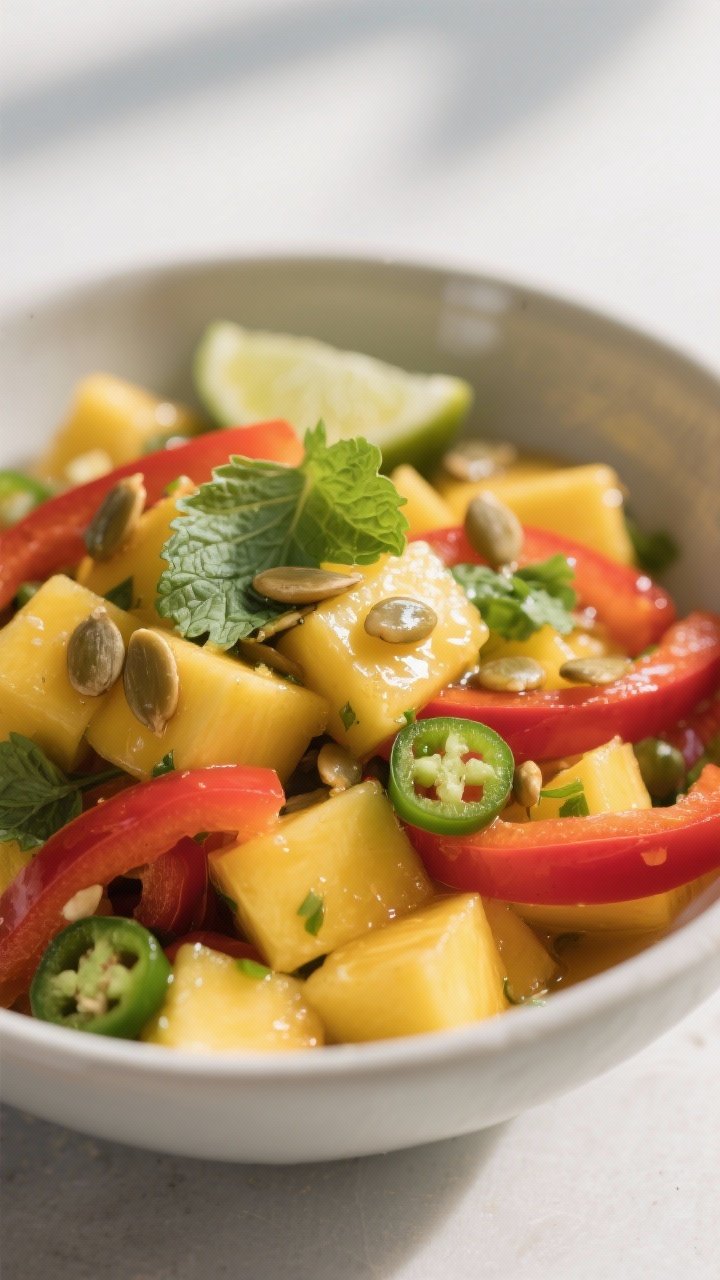 Close-up detail: A bowl of prepared Mango Pepper Salad just after tossing, showcasing glossy mango c