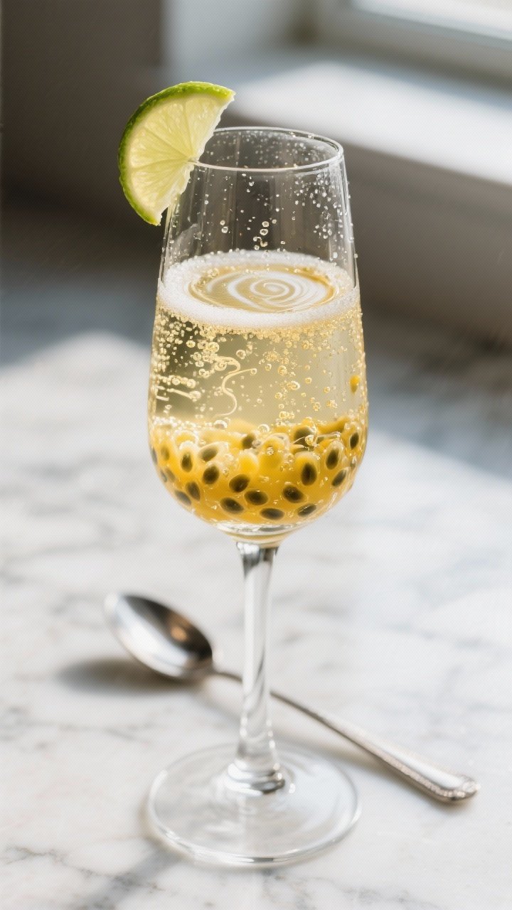 Close-up detail: A chilled Champagne flute mid-pour with golden bubbles streaming through a small la