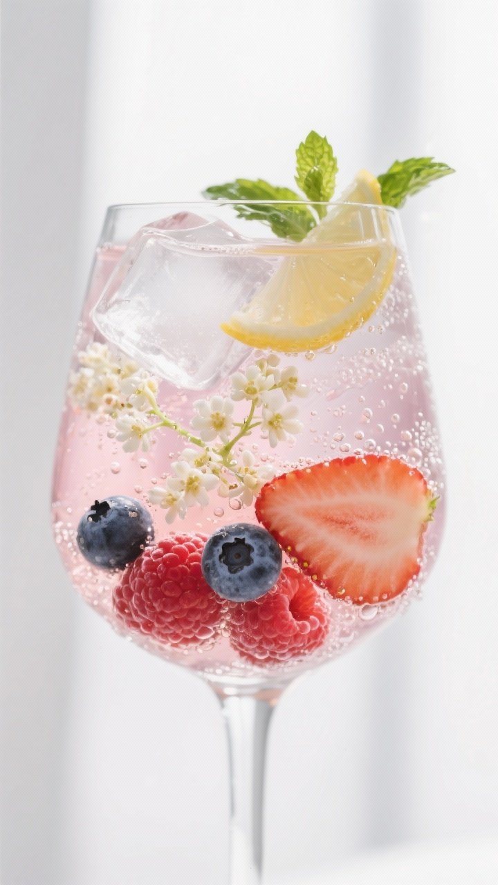 Close-up detail: A chilled Elderflower Spritz mid-build in a large wine glass, showing clear ice cub
