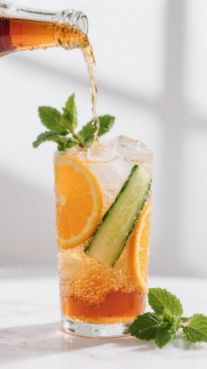 Close-up detail: A chilled highball glass of Orange & Cucumber Pimm’s mid-pour, amber Pimm’s and