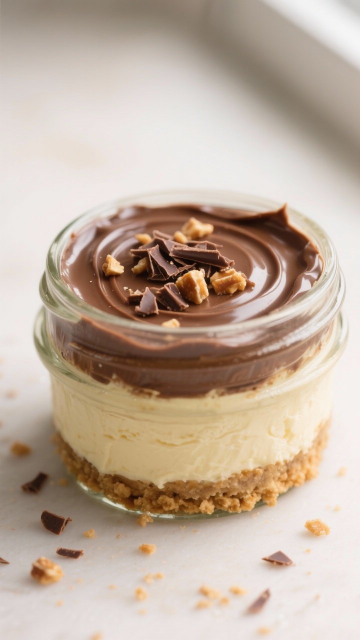 Close-up detail: A chilled jar of Mackinac Island cheesecake showing the silky, no-bake cheesecake l