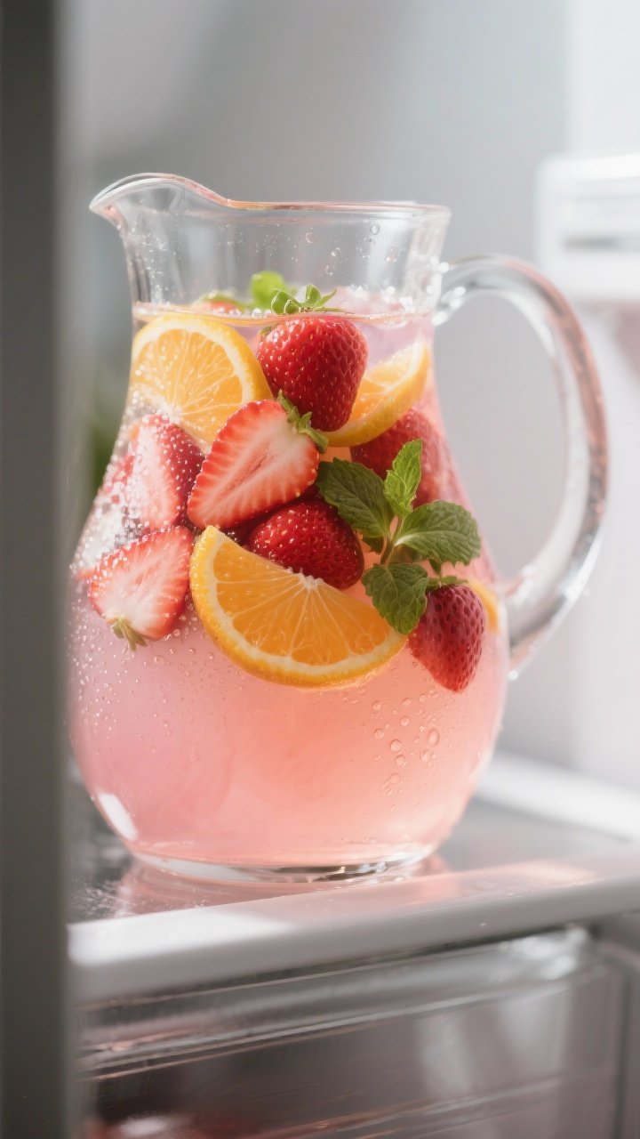 Close-up detail: A chilled pitcher of strawberry rosé sangria mid-rest in the fridge, fruit fully i