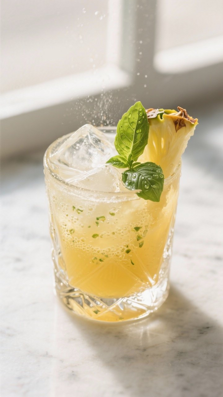 Close-up detail: A chilled rocks glass filled with the Pineapple, Basil & Rum Kombucha Cocktail, dou