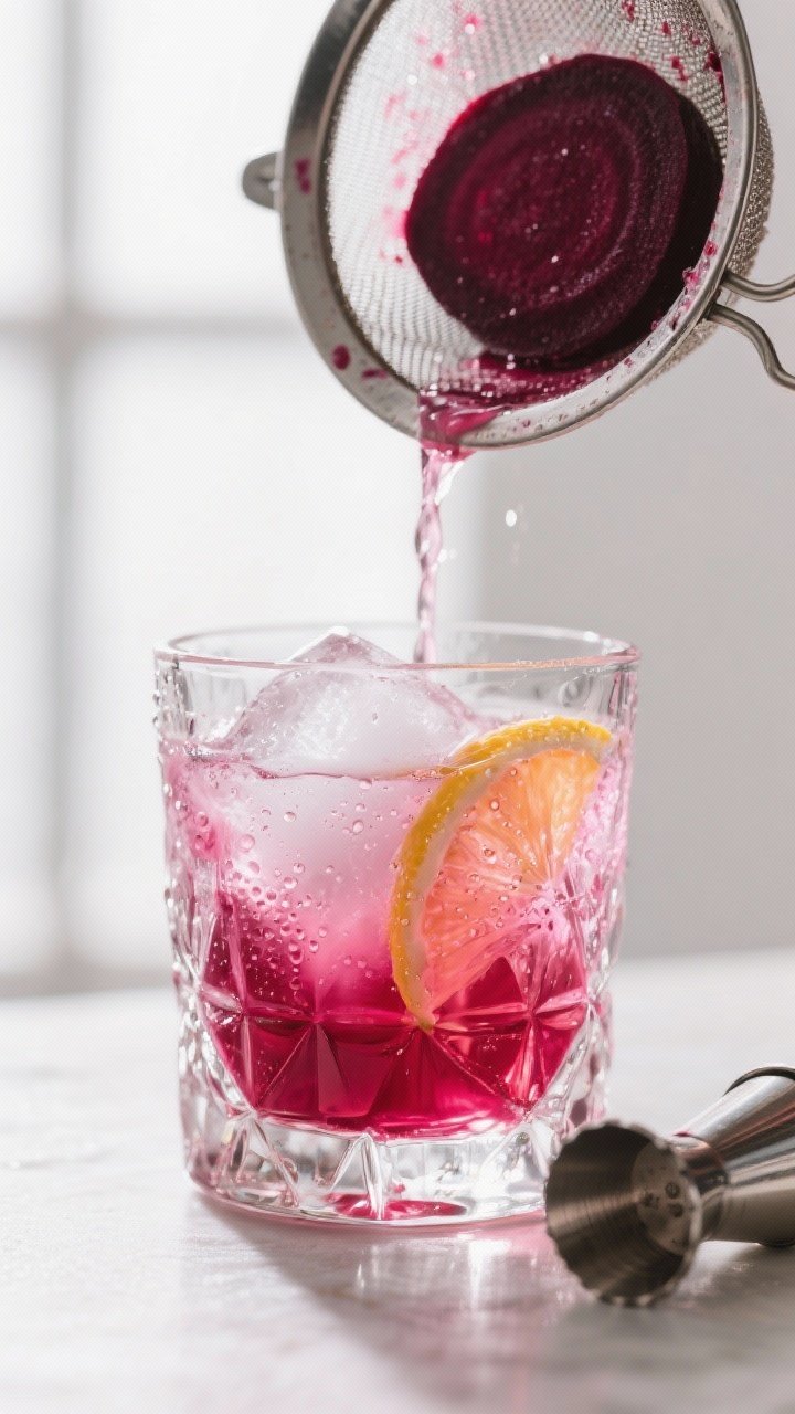 Close-up detail: A chilled rocks glass filled with crystal-clear fresh ice, deep ruby-pink beetroot 