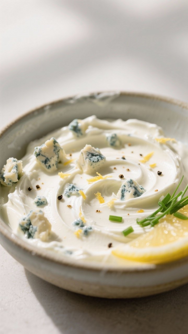 Close-up detail: A creamy gorgonzola-blue cheese spread mid-mix in a ceramic bowl, showing visible s