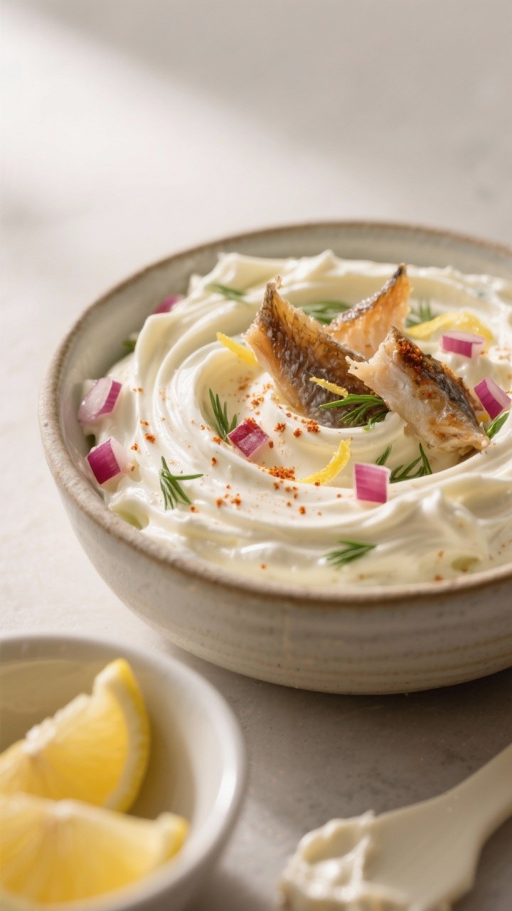Close-up detail: A creamy smoked catfish dip mid-mix in a ceramic bowl, showing swirls of softened c