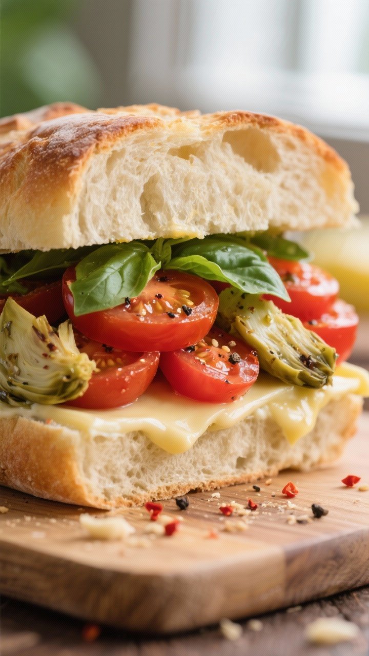 Close-up detail: A cross-section slice of the Tomato, Basil, and Artichoke Picnic Sandwich showing j