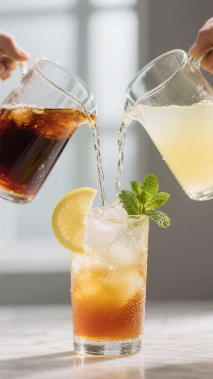 Close-up detail: A crystal-clear Arnold Palmer being poured 1:1 from two chilled pitchers—amber bl