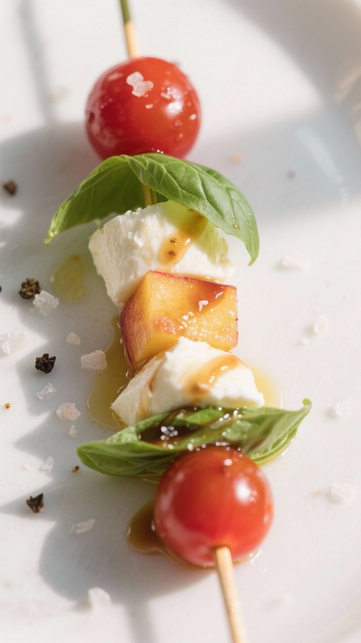 Close-up detail: A finished caprese skewer threaded with cherry tomato, folded basil leaf, ciliegine