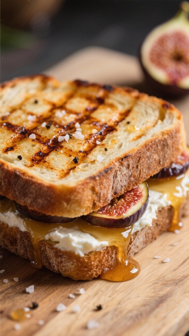Close-up detail: A freshly grilled fig, labneh and honey braaibroodjie slice, showing deeply golden,