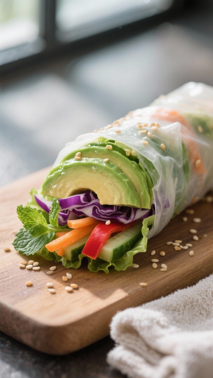 Close-up detail: A freshly rolled avocado summer roll sliced cleanly on a board, showing tight layer