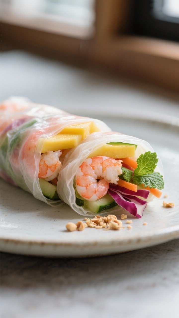 Close-up detail: A freshly rolled spring roll sliced in half to reveal layers of sweet mango strips,