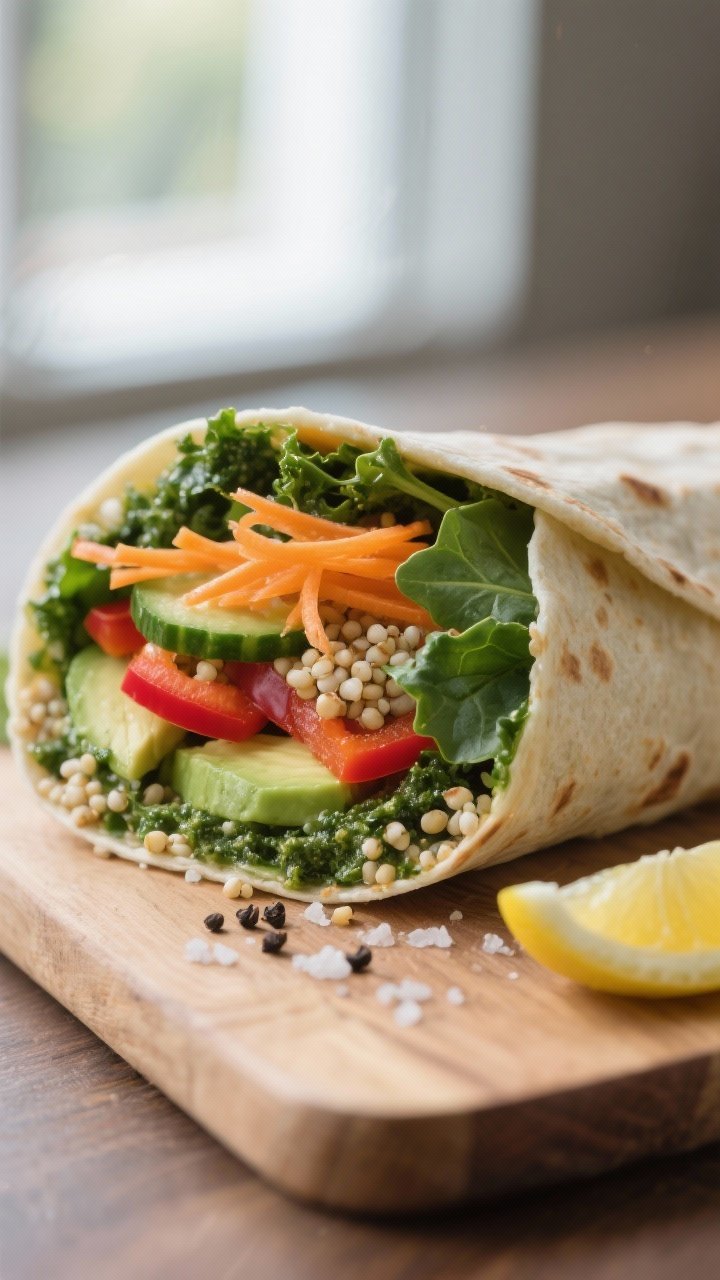 Close-up detail: A freshly sliced quinoa veggie wrap half on a wooden board, showing vibrant layers 