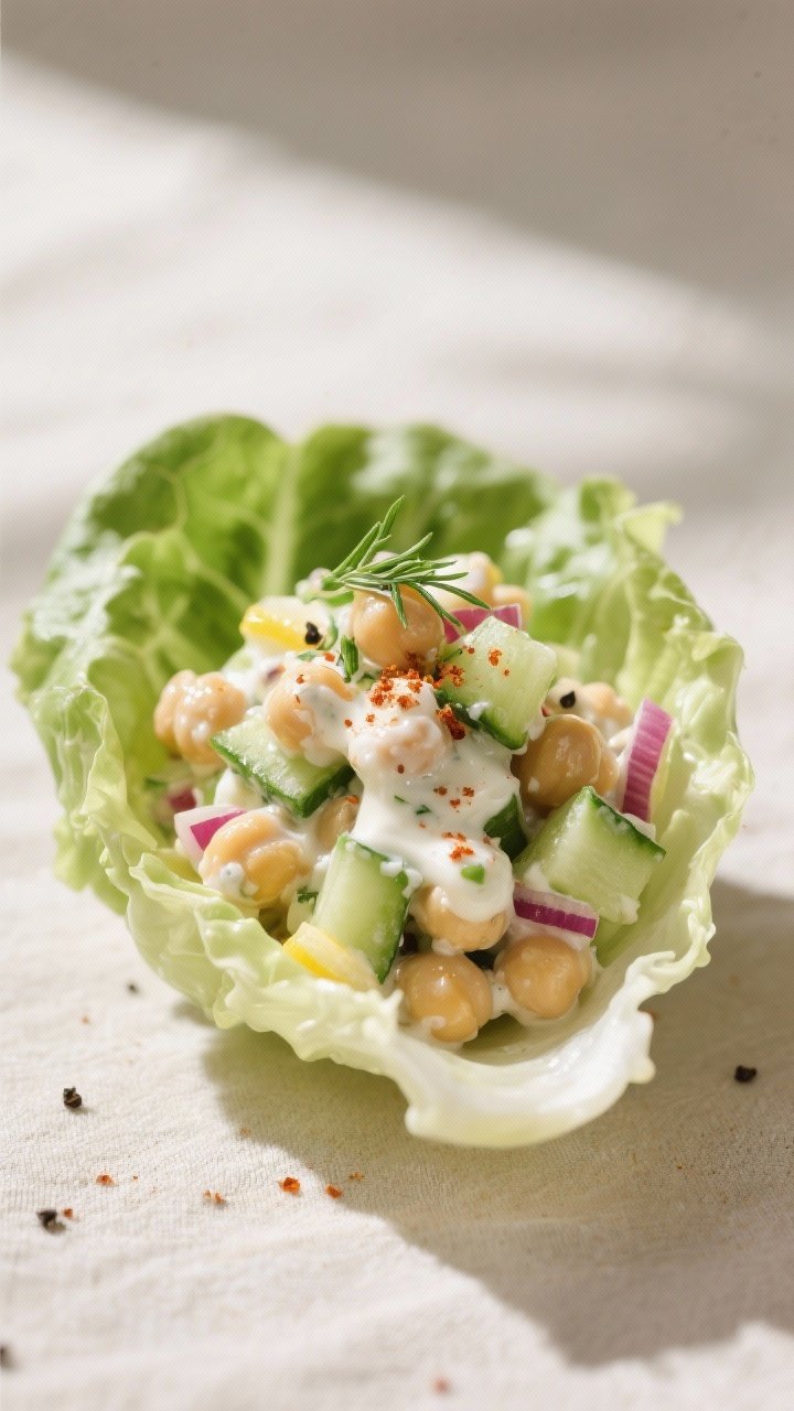 Close-up detail: A generous scoop of creamy chickpea salad nestled in a butter lettuce cup, showing 
