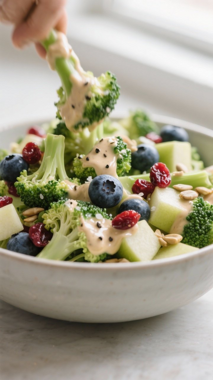 Close-up detail: A glossy bowl of prepared broccoli salad being tossed with creamy tangy dressing; s