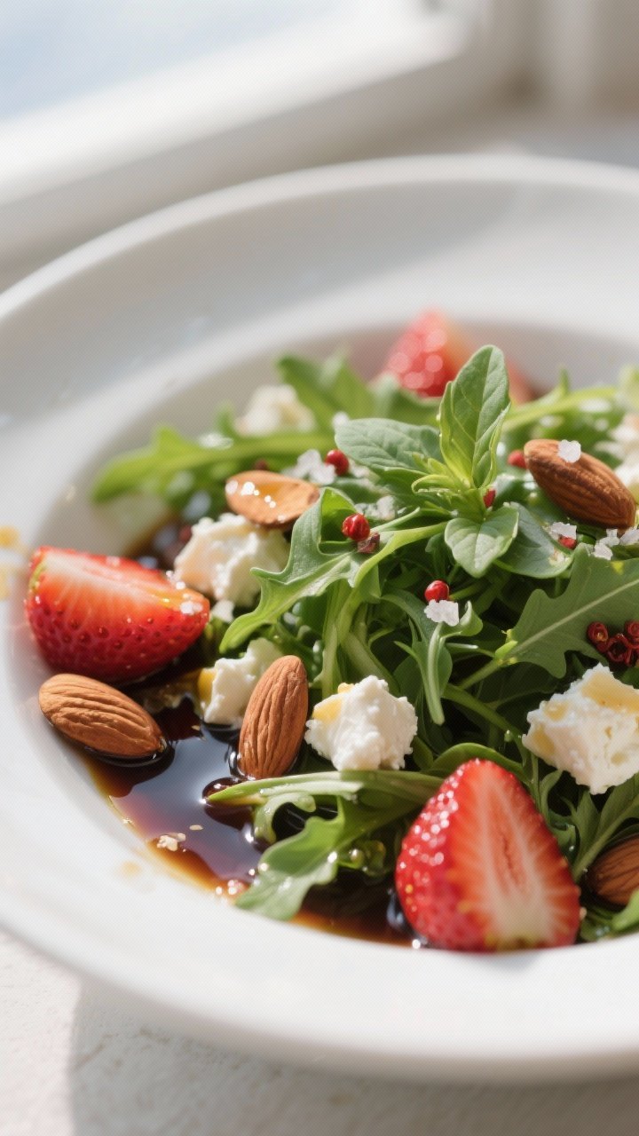Close-up detail: A glossy drizzle of balsamic-honey-Dijon dressing coating crisp baby arugula leaves