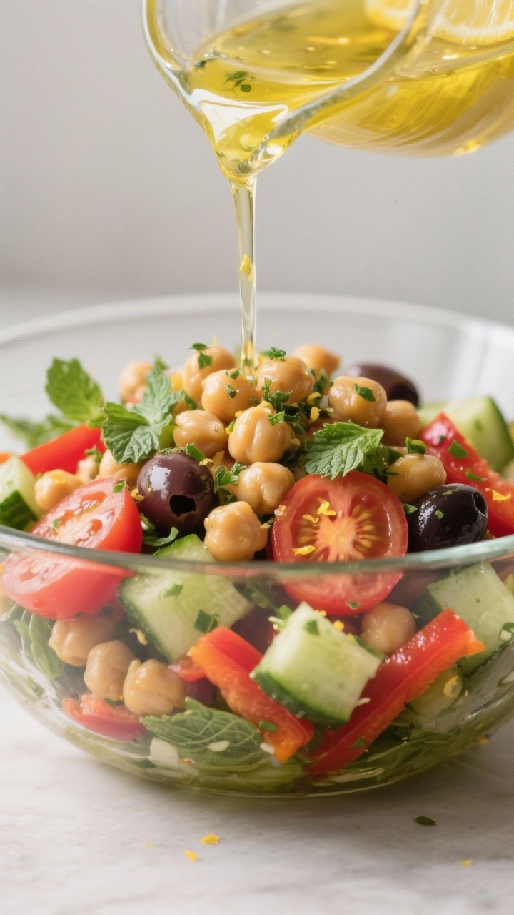 Close-up detail: A glossy pour of lemon-herb dressing cascading over a bright Mediterranean Chickpea