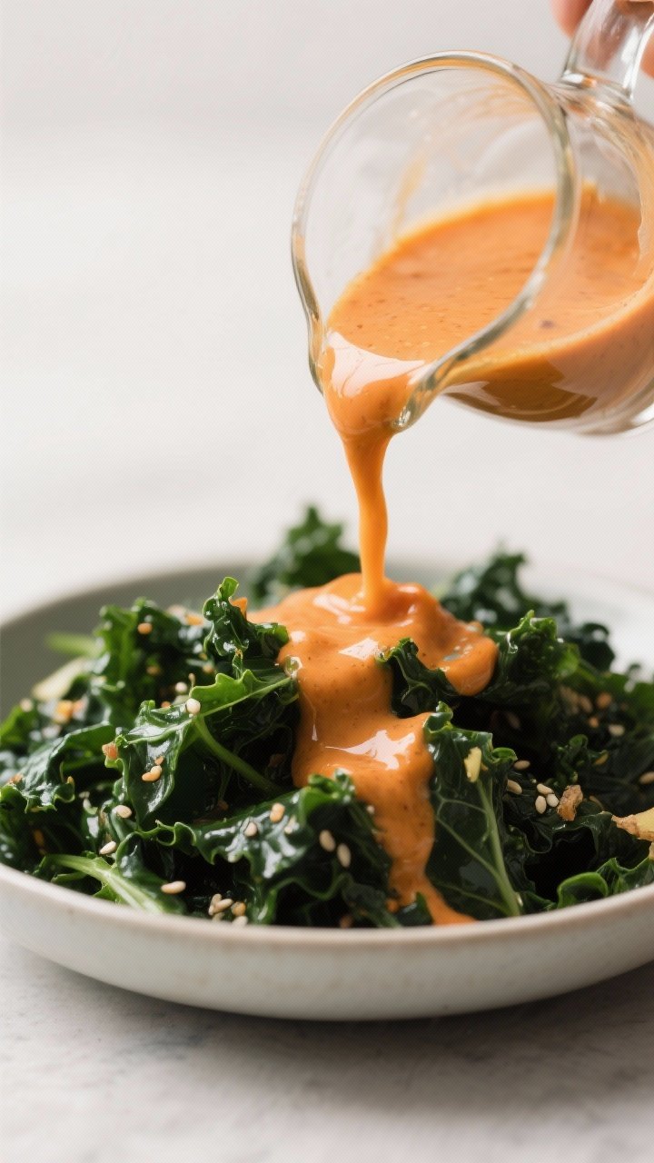 Close-up detail: A glossy stream of creamy carrot-ginger dressing pouring from a small glass pitcher