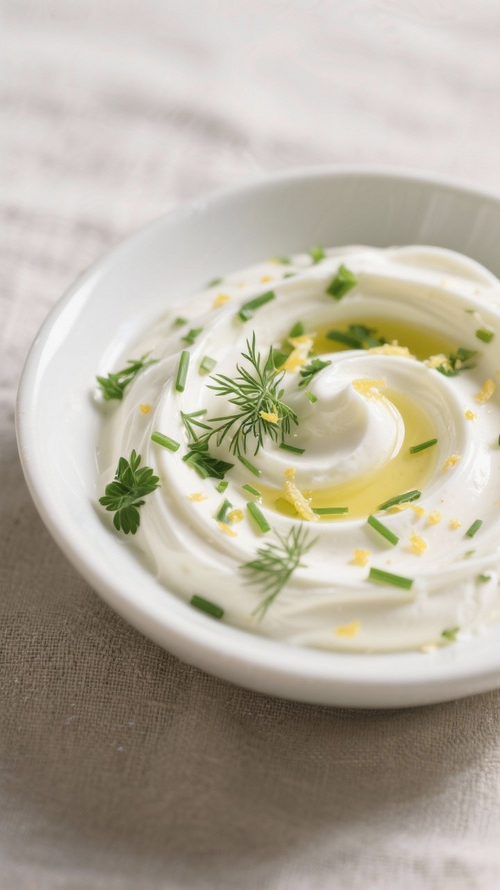 Close-up detail: A glossy, velvety swirl of crème fraîche herb dip just after folding in finely ch