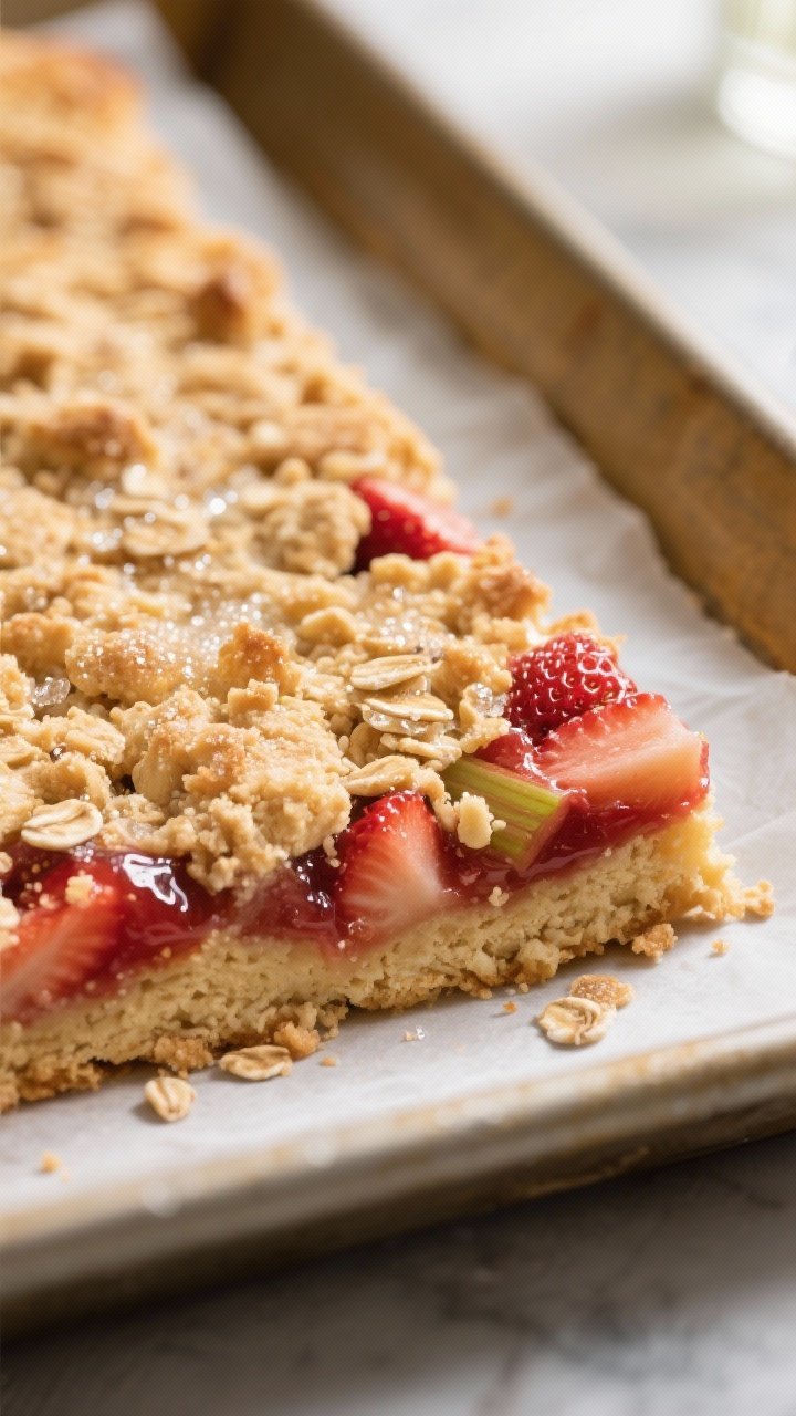 Close-up detail: A golden, baked strawberry rhubarb bar just out of the pan, showing glossy, thicken