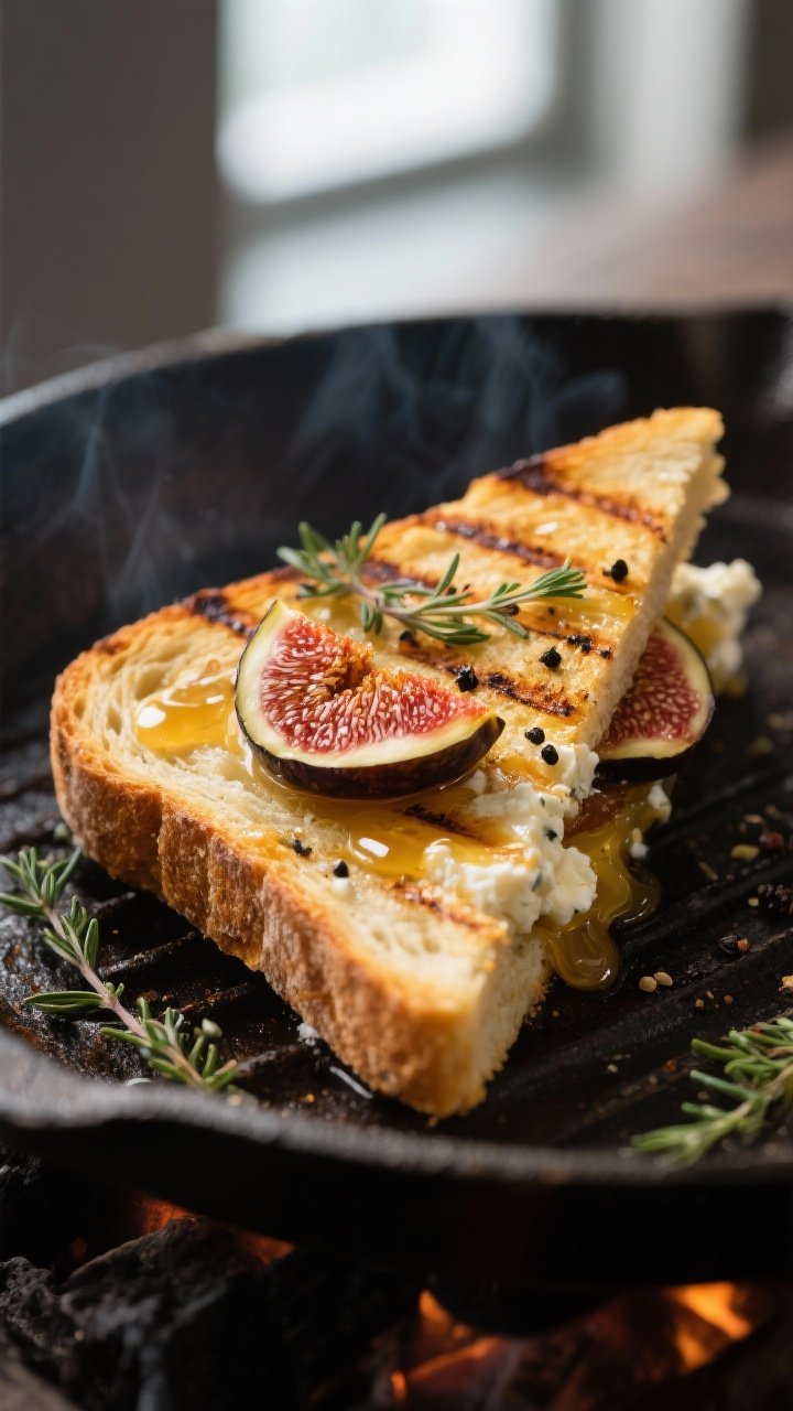 Close-up detail: A golden, grilled braaibroodjie triangle just off the braai, showing crisp, buttery