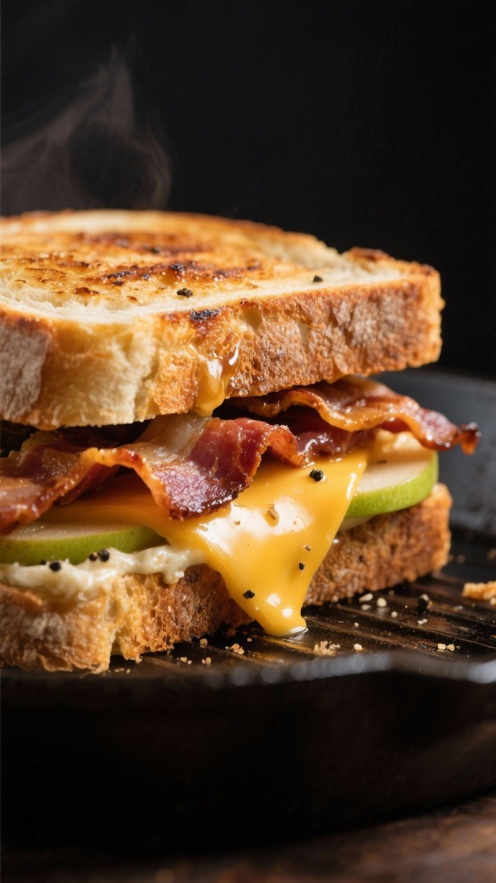 Close-up detail: A grilled English cheddar, smoked bacon, and apple sandwich just off the skillet, e