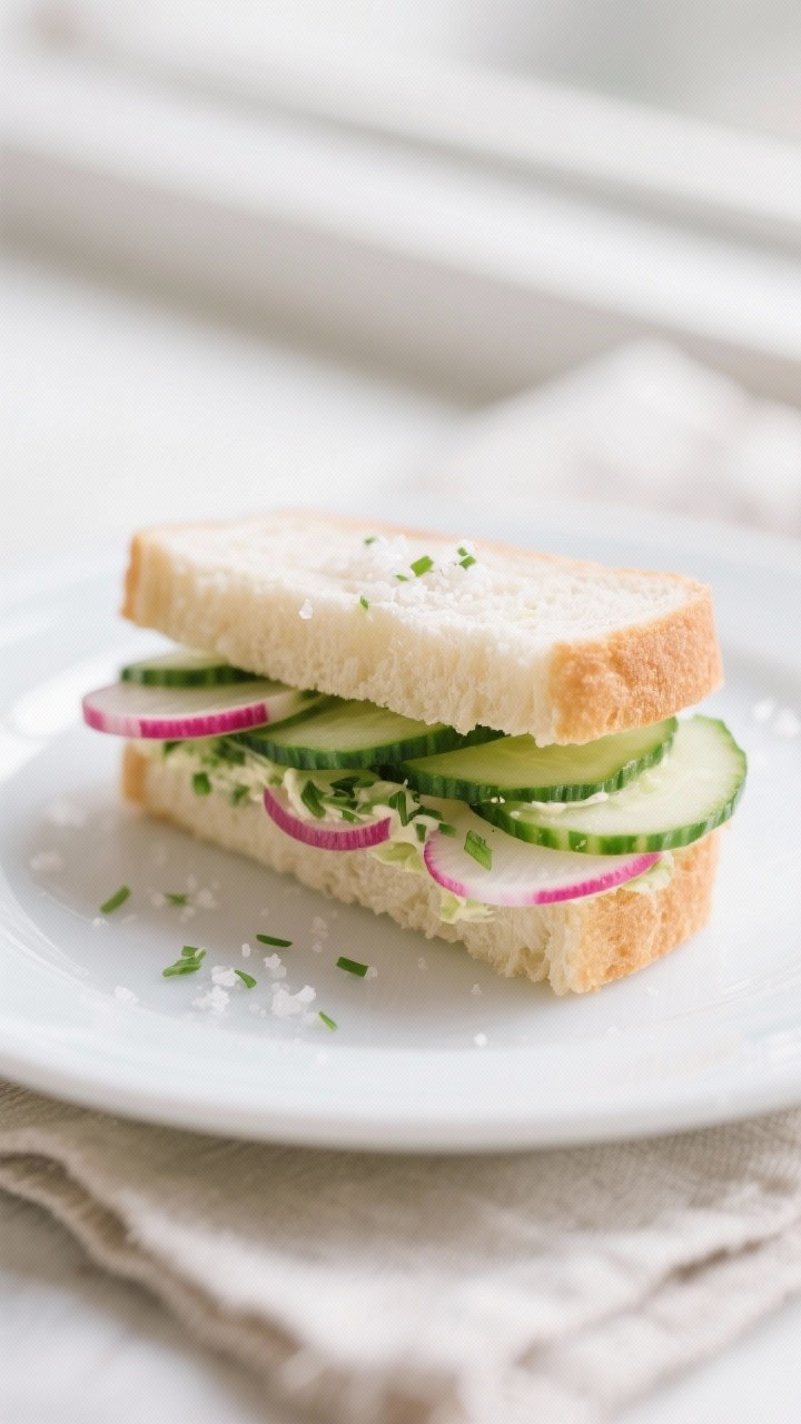 Close-up detail: A just-assembled cucumber and radish tea sandwich finger, showing ultra-thin, trans