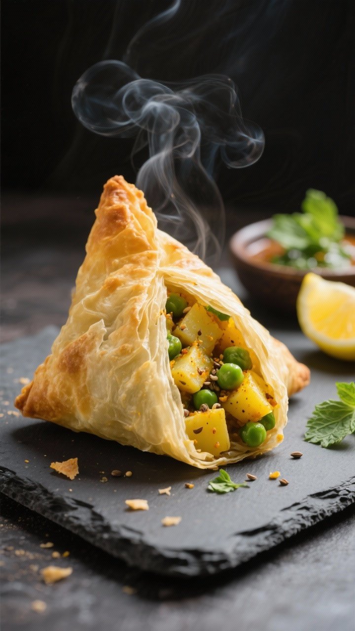 Close-up detail: A just-baked filo samosa split open to reveal the warmly spiced potato and pea fill