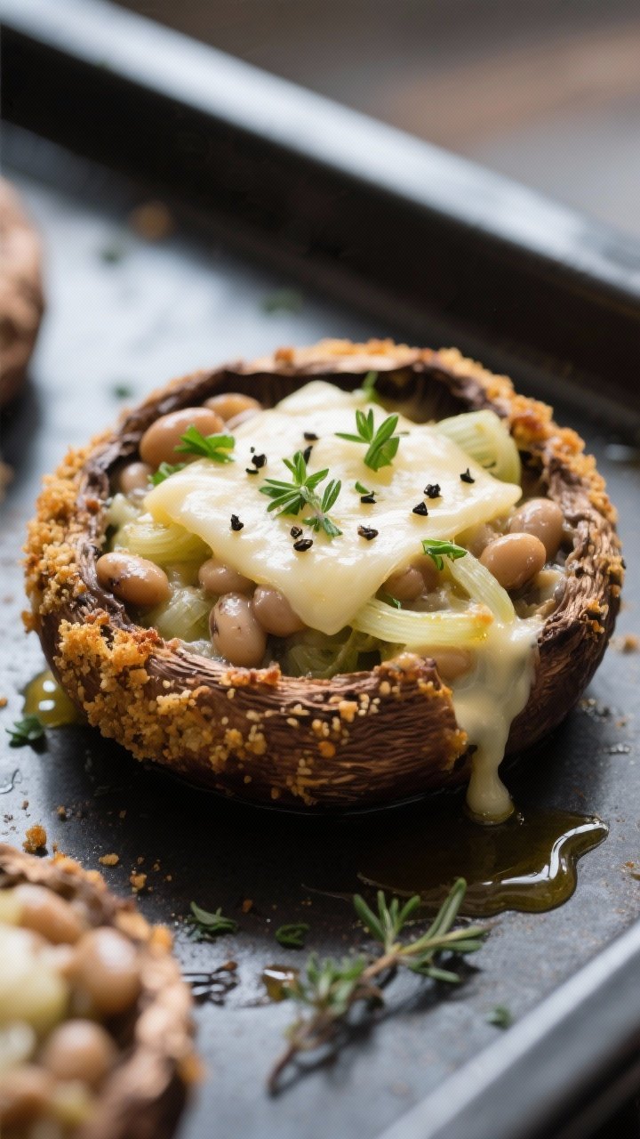Close-up detail: A just-baked portobello mushroom cap stuffed with creamy borlotti bean and leek fil